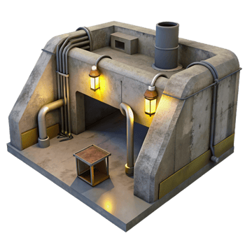 impressive rustic Underground bunker, concrete walls and exposed pipes, dim artificial light, gritty realism genuine png