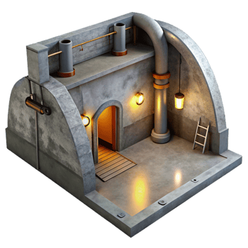 wonderful artistic Underground bunker, concrete walls and exposed pipes, dim artificial light, gritty realism premium png