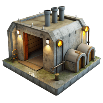 extraordinary abstract Underground bunker, concrete walls and exposed pipes, dim artificial light, gritty realism high quality png