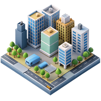 extraordinary vintage Isometric view of a complex city block, detailed buildings and streets, bright daylight, technical illustration original png
