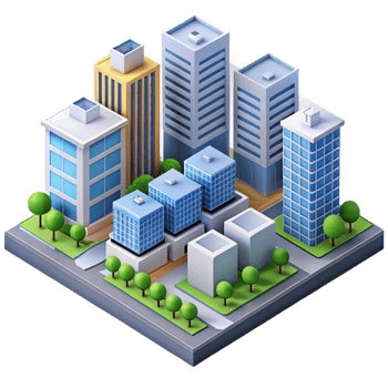vibrant vintage Isometric view of a complex city block, detailed buildings and streets, bright daylight, technical illustration exclusive png
