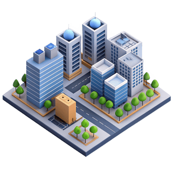 magnificent rustic Isometric view of a complex city block, detailed buildings and streets, bright daylight, technical illustration genuine png
