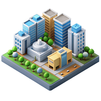 serene abstract Isometric view of a complex city block, detailed buildings and streets, bright daylight, technical illustration high quality png