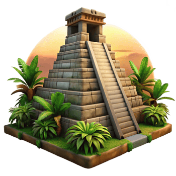 serene rustic An ancient Mayan pyramid, overgrown with jungle vegetation, dramatic sunset lighting, historical illustration 4K png