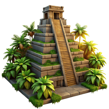 magnificent traditional An ancient Mayan pyramid, overgrown with jungle vegetation, dramatic sunset lighting, historical illustration high resolution png