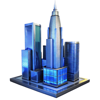 beautiful rustic A towering skyscraper made of glass and steel, reflecting the city skyline, blue hour lighting, architectural photography original png
