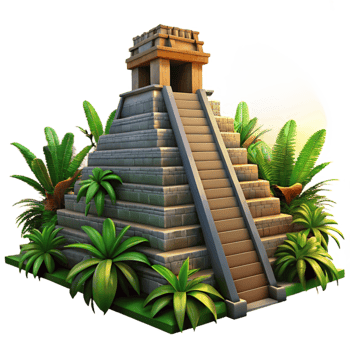 wonderful creative An ancient Mayan pyramid, overgrown with jungle vegetation, dramatic sunset lighting, historical illustration premium png