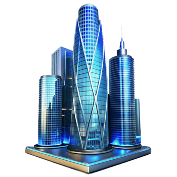 impressive traditional A towering skyscraper made of glass and steel, reflecting the city skyline, blue hour lighting, architectural photography authentic png