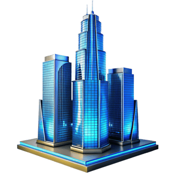 magnificent artistic A towering skyscraper made of glass and steel, reflecting the city skyline, blue hour lighting, architectural photography detailed png