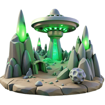 serene contemporary A desolate alien landscape with strange rock formations and a single futuristic building, eerie green lighting, sci-fi art detailed png