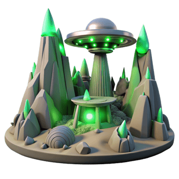 serene contemporary A desolate alien landscape with strange rock formations and a single futuristic building, eerie green lighting, sci-fi art original png