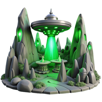 dramatic traditional A desolate alien landscape with strange rock formations and a single futuristic building, eerie green lighting, sci-fi art professional png