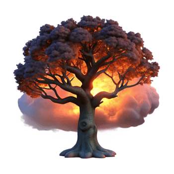 dramatic creative A lone, gnarled oak tree silhouetted against a fiery sunset sky, dramatic lighting, dark fantasy, digital painting exclusive png