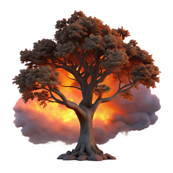 serene rustic A lone, gnarled oak tree silhouetted against a fiery sunset sky, dramatic lighting, dark fantasy, digital painting high quality png