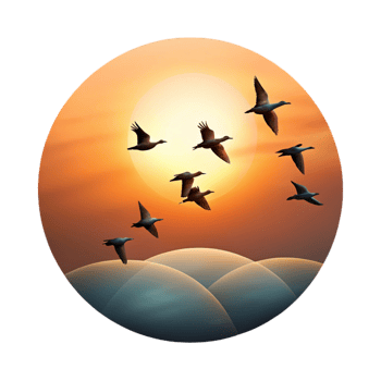 stunning vintage A group of migrating birds flying in formation against a sunset sky, serene, peaceful, nature photography original png