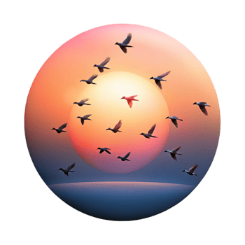 dramatic traditional A group of migrating birds flying in formation against a sunset sky, serene, peaceful, nature photography detailed png