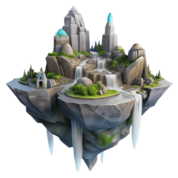 magnificent minimalist A floating island city amongst towering rock formations, waterfalls cascading down the sides, fantasy sci-fi style, soft lighting exclusive png