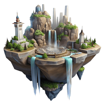 stunning rustic A floating island city amongst towering rock formations, waterfalls cascading down the sides, fantasy sci-fi style, soft lighting high resolution png