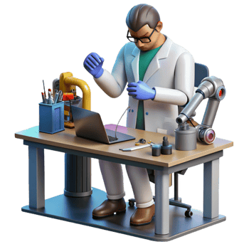 serene artistic A scientist working on a cybernetic arm in a cluttered laboratory, tools and wires scattered around the workbench, biopunk style, cool lighting original png