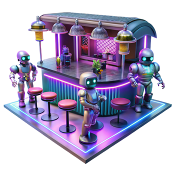 wonderful vintage A futuristic bar filled with robots and aliens, neon lights and holographic projections creating a vibrant atmosphere, cyberpunk style, high-contrast lighting 4K png