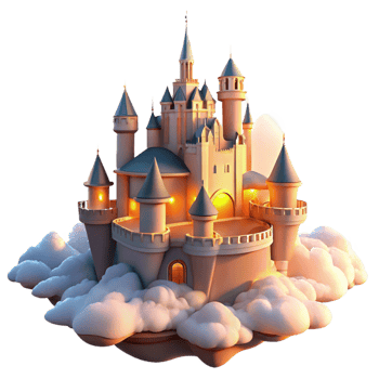 extraordinary minimalist A majestic castle floating in the clouds, bathed in the golden light of sunset, romantic and dreamy lighting, concept art style authentic png