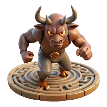 serene creative A fierce minotaur charging through a labyrinth, dynamic and action-packed lighting, comic book style 4K png