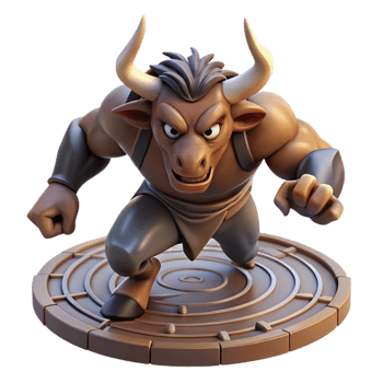 vibrant minimalist A fierce minotaur charging through a labyrinth, dynamic and action-packed lighting, comic book style exclusive png