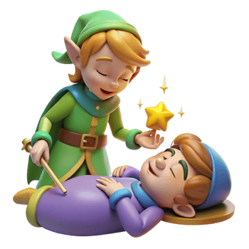 beautiful traditional A mischievous pixie casting a spell on a sleeping knight, playful and whimsical lighting, cartoon style high resolution png