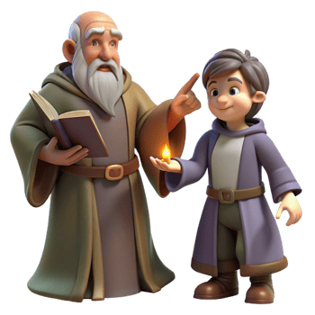 elegant creative A wise old wizard teaching a young apprentice, warm and inviting lighting, fantasy art style detailed png