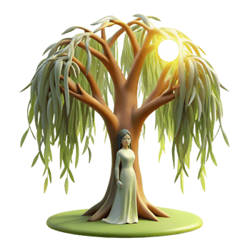 impressive minimalist A serene dryad emerging from a giant willow tree, dappled with sunlight, in a soft, ethereal style professional png