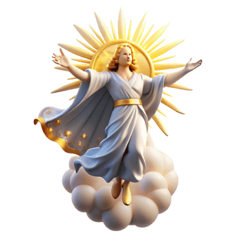 serene classic A celestial being descending from the heavens, radiating divine light, in a Renaissance-inspired style high quality png
