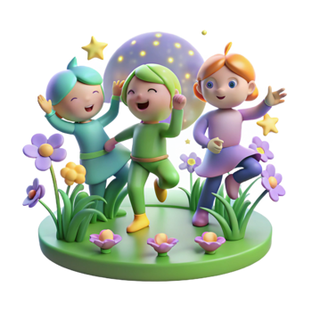 beautiful creative A group of playful sprites dancing in a moonlit meadow, surrounded by glowing flowers, in a whimsical, fairy tale style premium png