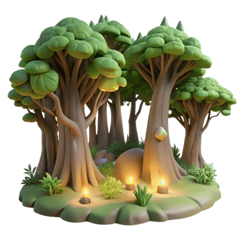 extraordinary vintage A hidden grove of ancient trees, bathed in ethereal light, in a serene, nature-inspired style 4K png