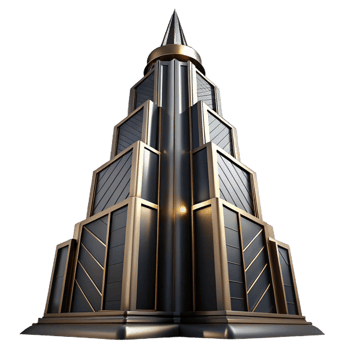 impressive classic Art Deco skyscraper, chrome and black glass, sharp lines, dramatic uplighting, low angle view, cinematic lighting premium png