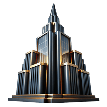 wonderful classic Art Deco skyscraper, chrome and black glass, sharp lines, dramatic uplighting, low angle view, cinematic lighting original png