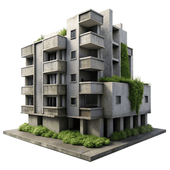 serene traditional Brutalism inspired concrete apartment complex, overcast sky, muted color palette, weeds growing in cracks, photorealistic style genuine png