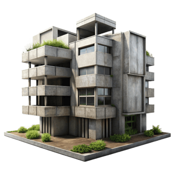 elegant artistic Brutalism inspired concrete apartment complex, overcast sky, muted color palette, weeds growing in cracks, photorealistic style 4K png