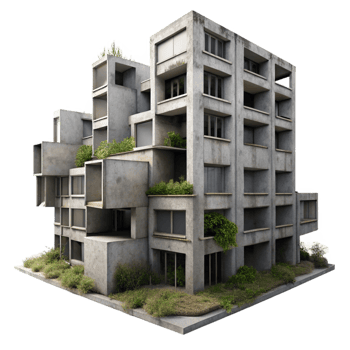 serene rustic Brutalism inspired concrete apartment complex, overcast sky, muted color palette, weeds growing in cracks, photorealistic style high quality png