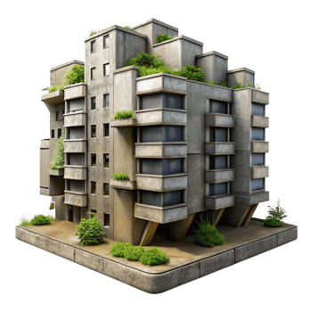 magnificent classic Brutalism inspired concrete apartment complex, overcast sky, muted color palette, weeds growing in cracks, photorealistic style authentic png