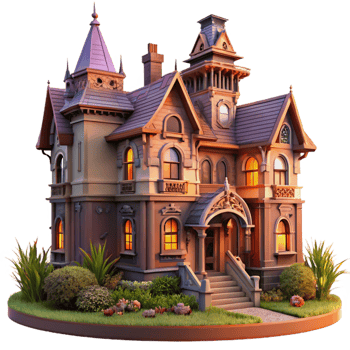extraordinary contemporary Victorian mansion with intricate gingerbread trim, warm sunset lighting, overgrown garden, gothic horror style premium png