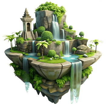 stunning modern A floating island with cascading waterfalls and lush vegetation, ancient ruins overgrown with vines, fantasy art style, dramatic lighting premium png