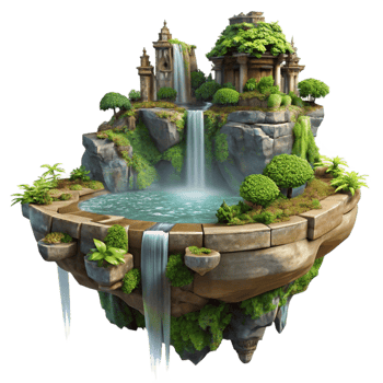 beautiful vintage A floating island with cascading waterfalls and lush vegetation, ancient ruins overgrown with vines, fantasy art style, dramatic lighting exclusive png