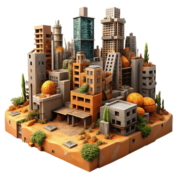 impressive creative A post-apocalyptic cityscape with crumbling buildings and overgrown vegetation, dusty atmosphere, orange and brown color palette, digital painting style 4K png
