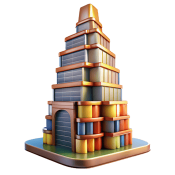beautiful modern A towering skyscraper made entirely of books, warm library lighting, whimsical style original png
