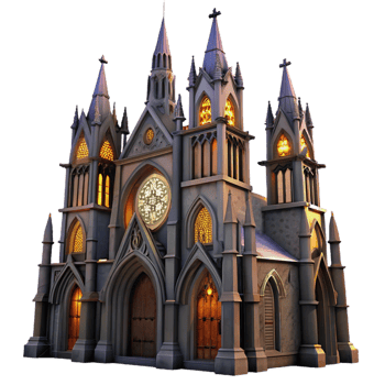 extraordinary minimalist A towering gothic cathedral with intricate stained glass windows and gargoyles, dramatic lighting, dark fantasy style authentic png