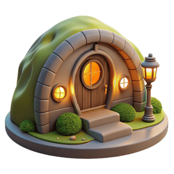 impressive modern A cozy hobbit hole built into a hillside, warm firelight glowing through the round window, fantasy art style premium png