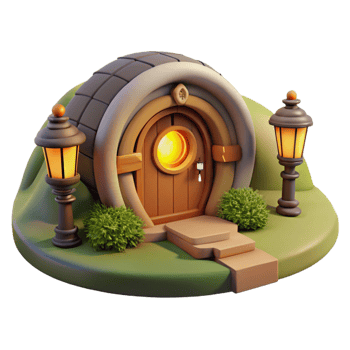 impressive minimalist A cozy hobbit hole built into a hillside, warm firelight glowing through the round window, fantasy art style authentic png