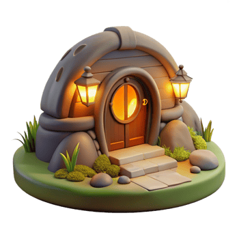 impressive classic A cozy hobbit hole built into a hillside, warm firelight glowing through the round window, fantasy art style premium png