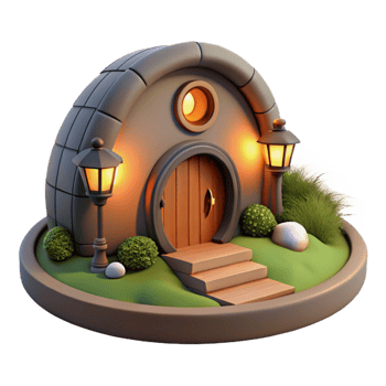 beautiful artistic A cozy hobbit hole built into a hillside, warm firelight glowing through the round window, fantasy art style premium png