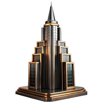 serene contemporary A towering Art Deco skyscraper with chrome and black glass, sharp lines, dramatic uplighting, cinematic lighting professional png
